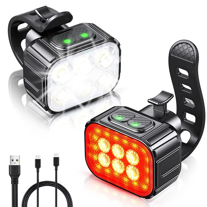 Set lumini pentru bicicleta, 6 LED-uri, reincarcabil, 1100mAh, negru, IP65, 4 moduri