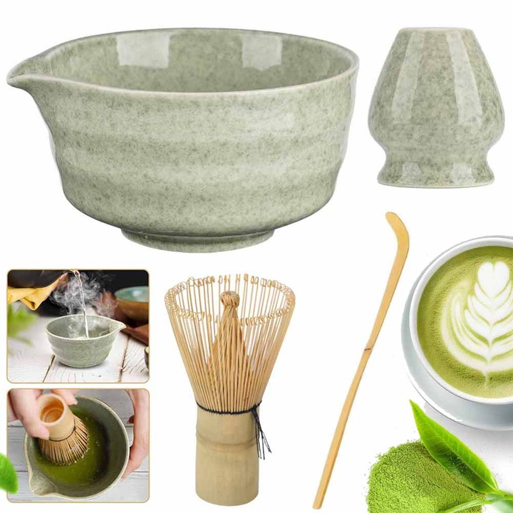 Set cadou pentru ceai Matcha, 4 piese, cu chasen, chashaku, lingura, culoare naturala