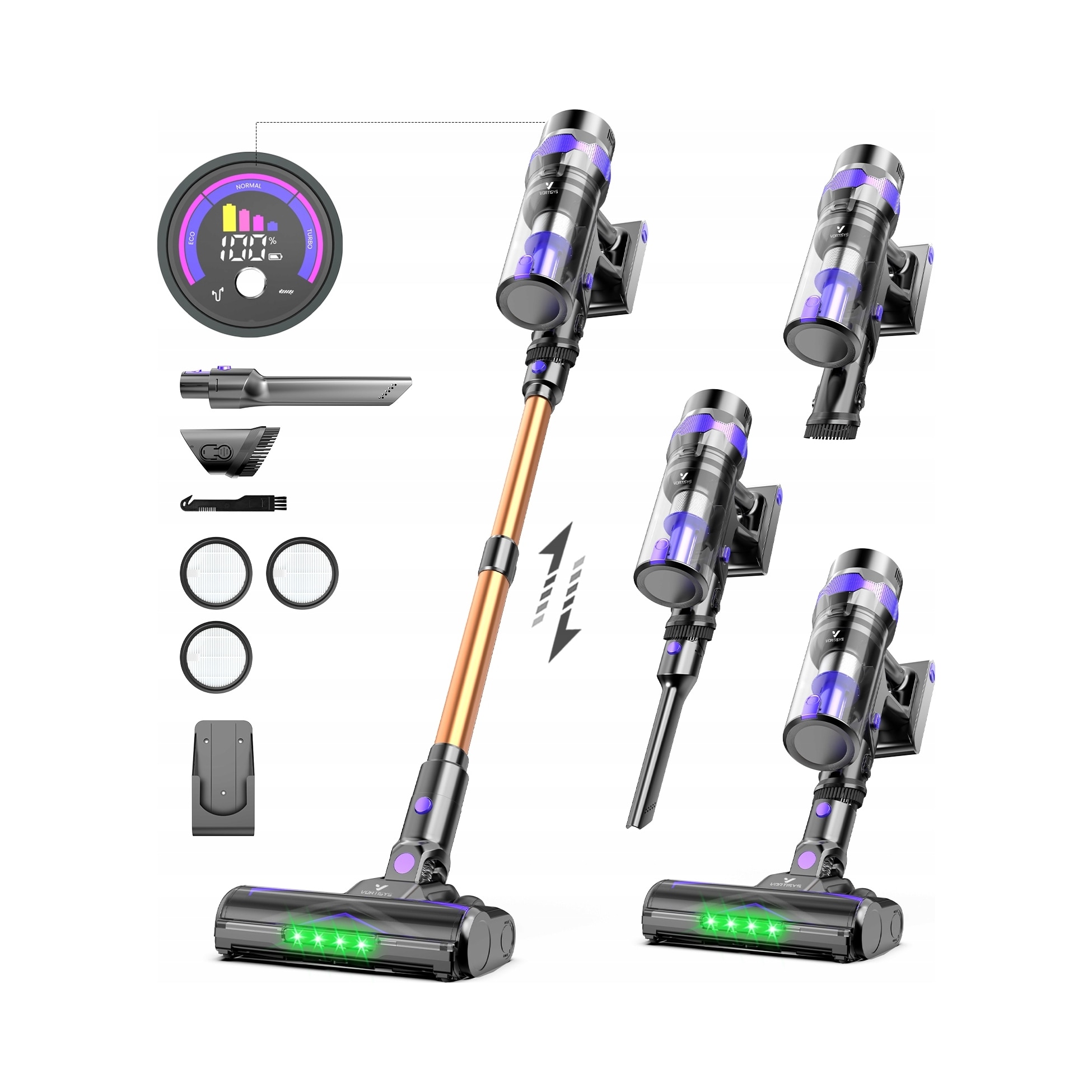 Aspirator vertical fara fir Vortisys V2, 60 kPa, 500W, 60 min, 5 filtre HEPA, 1,1 l