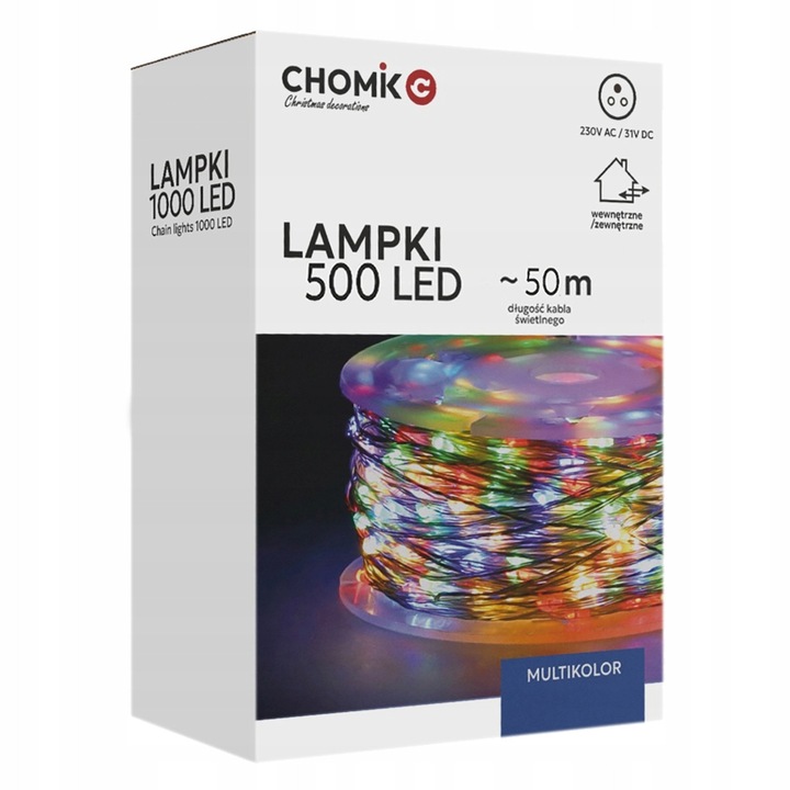 Chomik karácsonyi fények, 50m, 500 microLED, többszínű, orsóval, 3m kábel