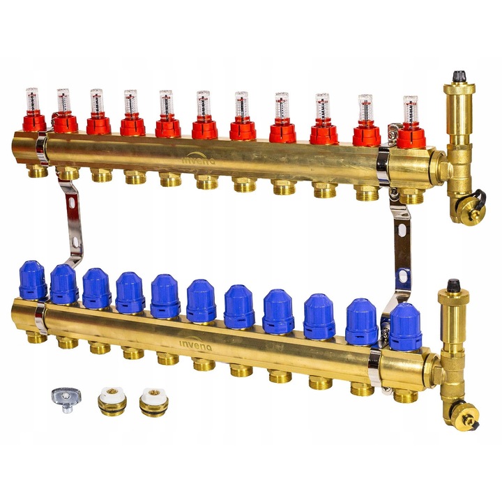 Distribuitor din bronz pentru incalzire in pardoseala INVENA PROV PLUS 11 circuite, 2 tevi, 11 robinete de reglare, 2 suporturi, 2 robinete de aerisire automate, 100°C, 10 Bar