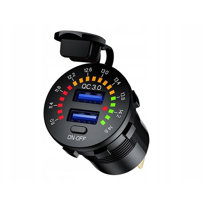 DBautomotive USB QC3.0 6A autós töltő voltmérővel, 12-24V