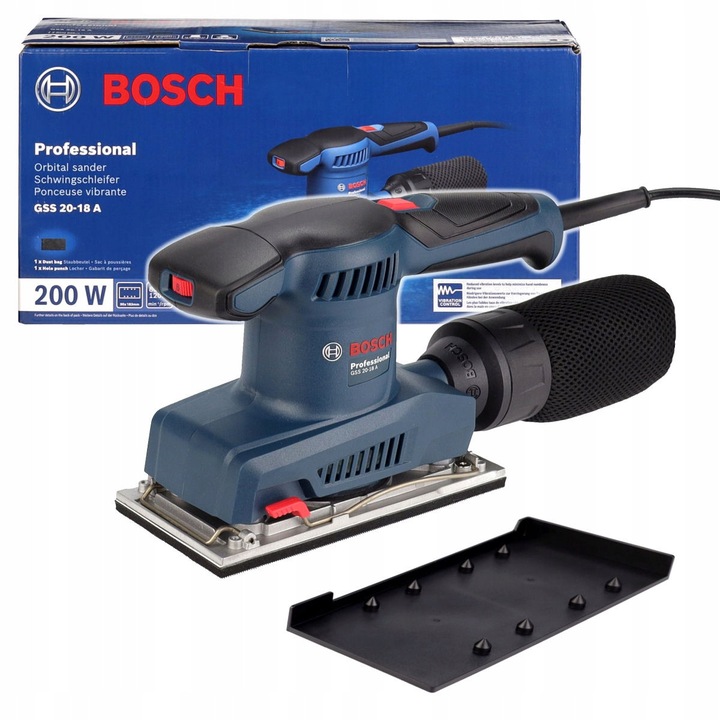 Slefuitor oscilational 200W Bosch GSS 20-18A 90x183mm, cu sistem de prindere pe arici, sac pentru praf