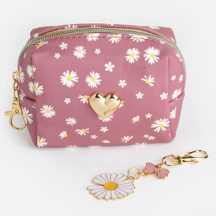 Portofel fete, roz, flori margarete, fermoar, breloc floare și funda, dimensiune compactă