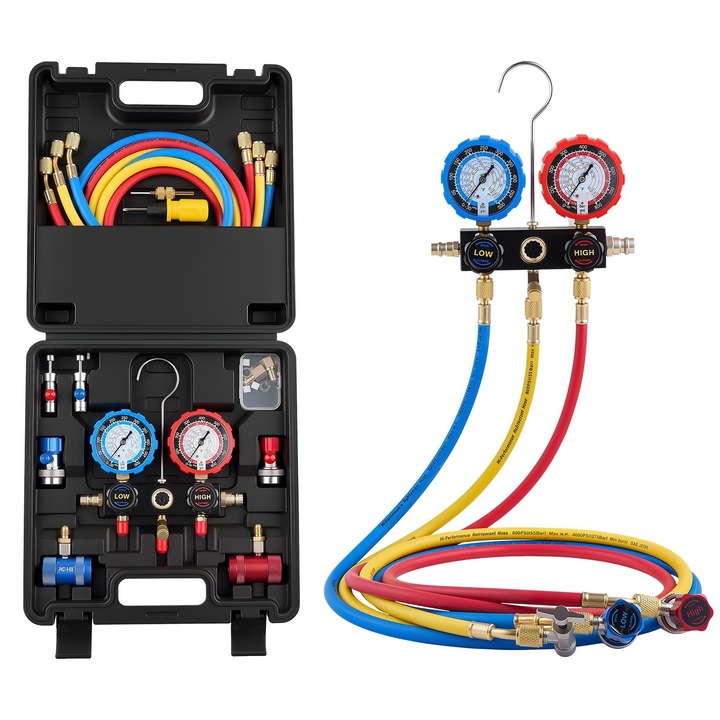 Set manometre colector AC auto, Tip 3 Cai, Pentru R134a/R404A/R1234yf/R22, Furtunuri 1, 5 m, Adaptoare si cuple rapide, Perforator doze, Intretinere, incarcare si vidare