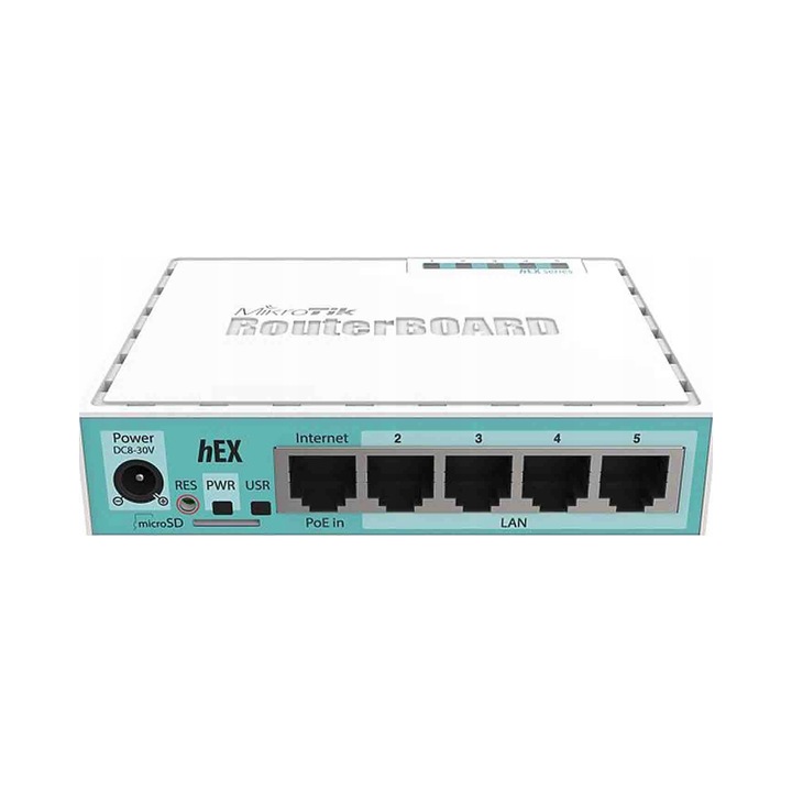 Router MikroTik hEX RB750Gr3, 5 gigabit port, PoE-in az 1. porton (8-30V), USB 2.0 és microSD foglalat, fehér/türkiz, 113x89x28 mm