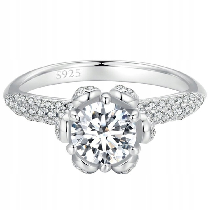 Inel reglabil, Trusky, Argint 925, 7,5mm, cu piatra alba model floare, Moissanit, marimea 14