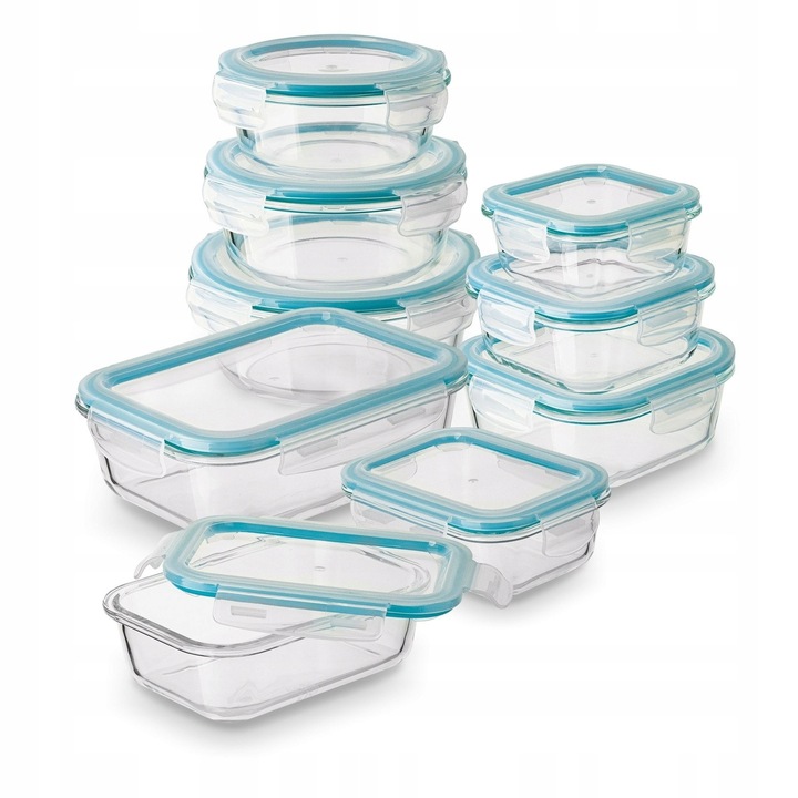 Largo 9 részes élelmiszertároló készlet, 3 téglalap alakú, 3 négyzetes, 3 kör alakú, üveg, szilikon fedél, hőálló