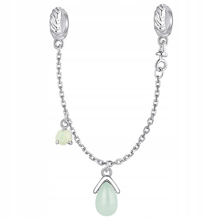 Lant de siguranta, Trusky, Argint 925, 8cm, cu piatra verde deschis si roza