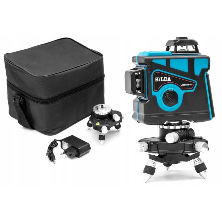 Hilda 3D lézeres szintező, 12 vonal, zöld, 119x62x132mm, teljes készlet állvánnyal
