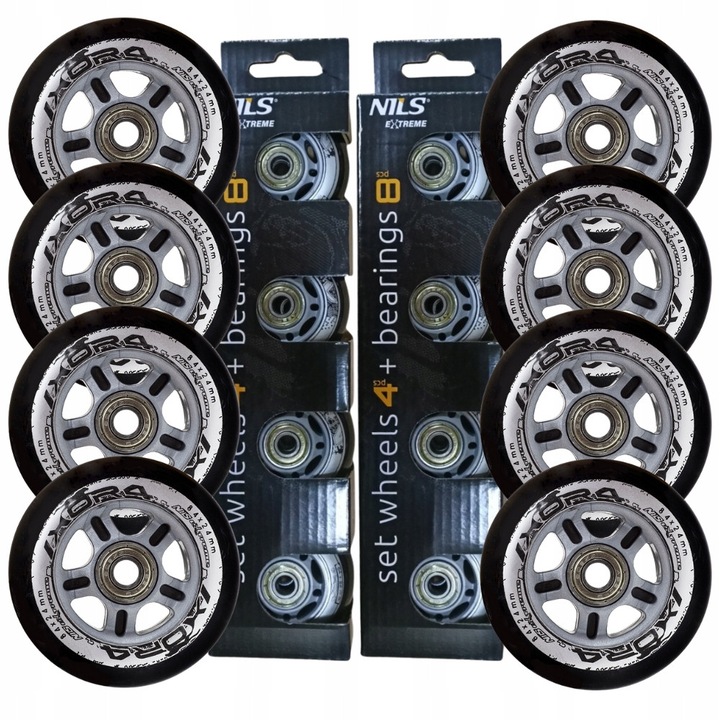 Set 8 roti din cauciuc 84 mm cu rulmenti ABEC-9, Nils Extreme, negru