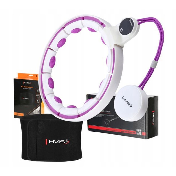Set Hula Hop HHM17 alb-violet cu display digital si banda modelatoare BR163 neagra, dimensiuni ajustabile