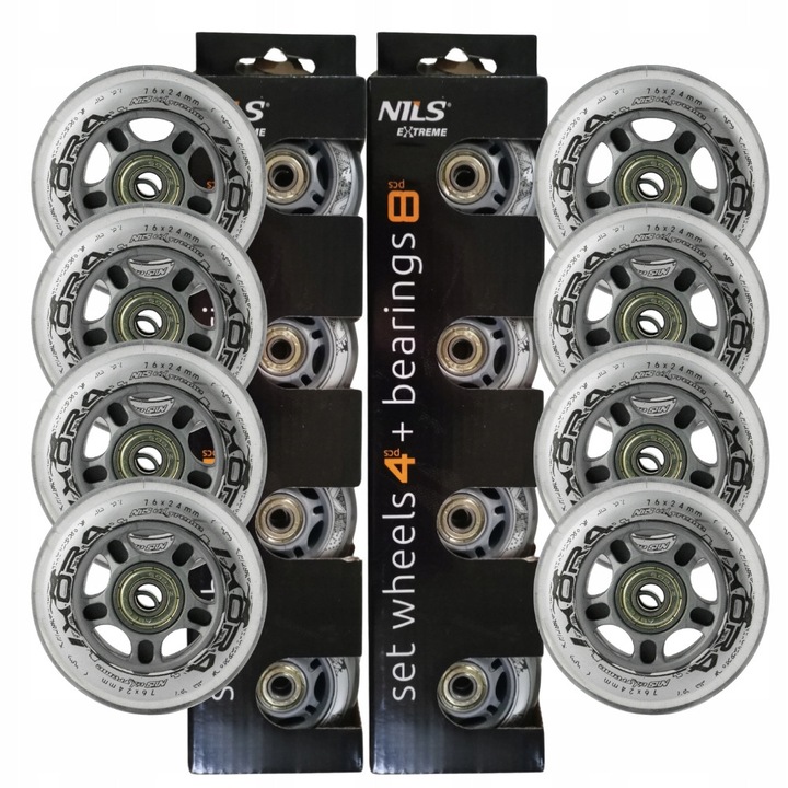 Set accesorii role, Nils Extreme, roti cauciuc 76 mm, 8 bucati, rulmenti ABEC-7