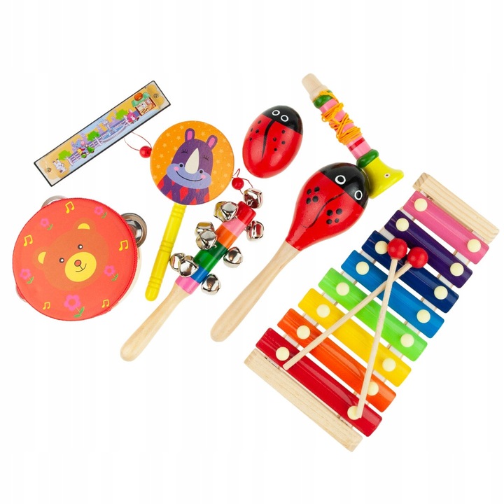 Set instrumente muzicale de jucarie, Martom, din lemn, multicolor, 8 piese, 3+