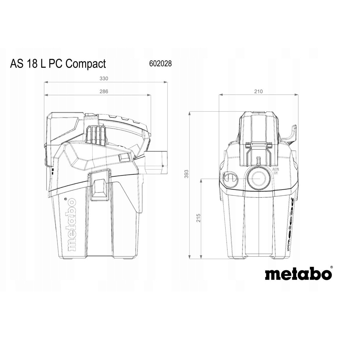 Aspirator portabil Metabo AS 18 L, 6 l, 2100 l/min, 120 hPa, 2.5 m, fara acumulator