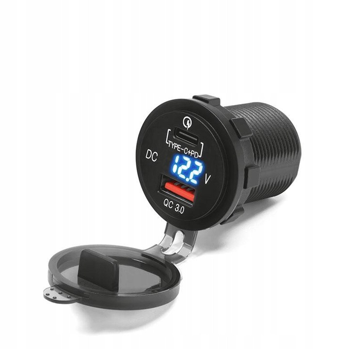 USB гнездо за мотоциклет MUS12, QC3.0 и USB тип-C, 3.1A, IP54, 12-24V