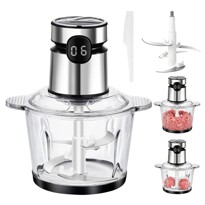 Tocator Electric Multifunctional Bedee, 200W, 2L, LED, 3 Viteze, Sticla, Inox, Protectie Supraincalzire, Baza Antiderapanta, Lama Detasabila, Indeplineste nevoile de tocare, amestecare si amestecare a diferitelor ingrediente, Argintiu