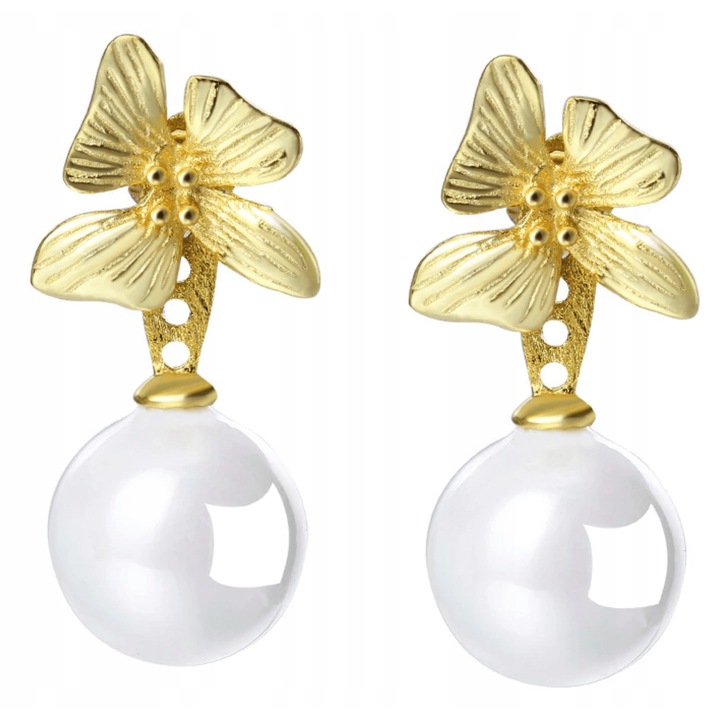 Cercei aurii cu perle, Trusky, model cu flori, argint 925, dimensiuni 2,4x1,3cm, set de bijuterii
