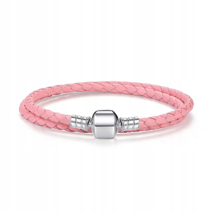 Bratara dubla modulara S925, 38cm, argint, piele ecologica, roz