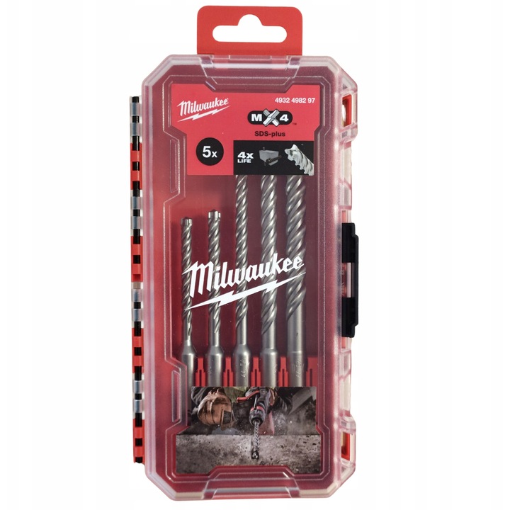 Set de 5 burghie SDS+ MX4, Milwaukee, 5-10mm, 4-toli, pentru beton