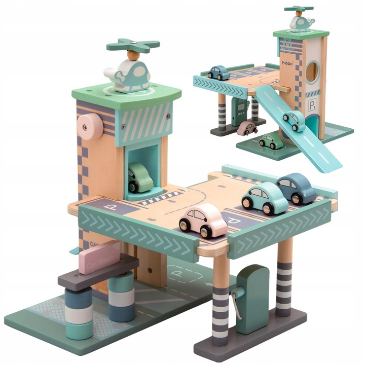 Garaj din lemn cu lift si statie + masinute, Merkan, multicolor, 29,5x36,5x26 cm