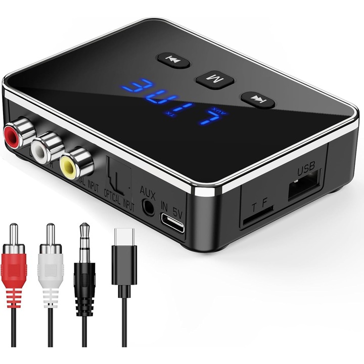 Bluetooth audio vevő adapter 3 az 1-ben, Bluetooth 5.4, 3.5mm AUX/RCA, Optikai szálas bemenet támogatása, Fejhallgatóhoz, TV-hez, Autóhoz, Audio rendszerhez, Házimozihoz, Fekete