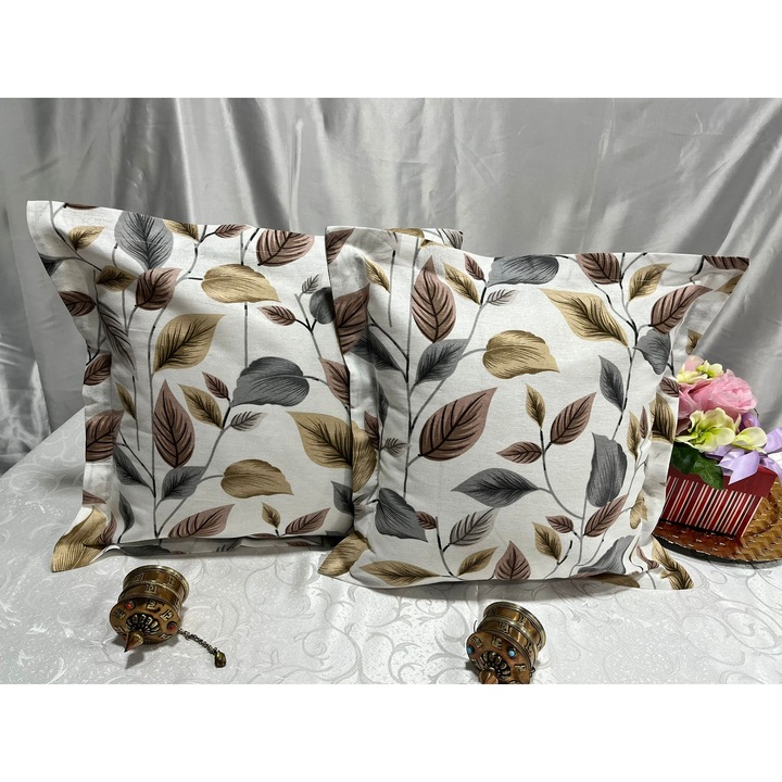 Set doua huse de perna, din bumbac, culoare alb/cafeniu, din colectia "Doar frunze" by Liz Line, 40X40cm - SP40/40305