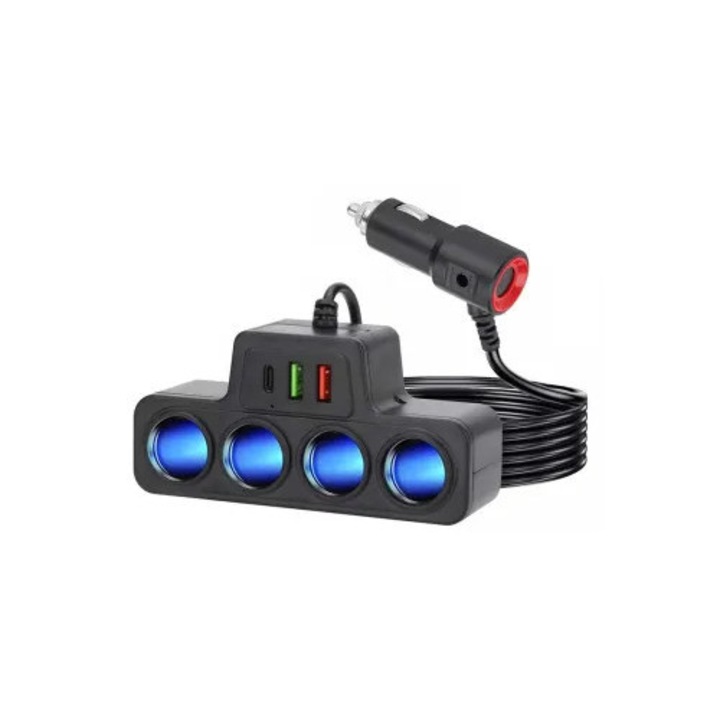 Adaptor Bricheta Auto 4 Prize + 2 Porturi USB + Indicator LED – Incarcare Rapida, Compatibil Universal 12V/24V