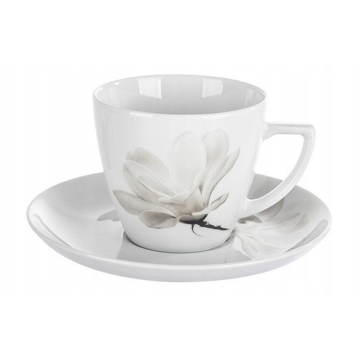 Cana din portelan cu farfurie Lubiana Wieden Magnolia, 350 ml, alb, set 2 piese