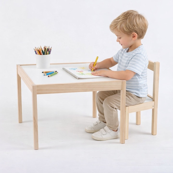 Set Masa si Scaun pentru Copii din Lemn, Blat Alb, 62x49x45 cm Masa + Scaun 29x29x50.5 cm, Mobilier Camera Copii