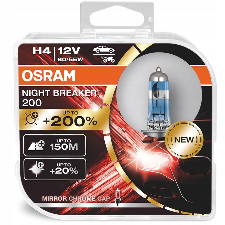 Becuri halogen H4 Osram NIGHT BREAKER 200%, 2 buc, 150m iluminare, 20% mai alb