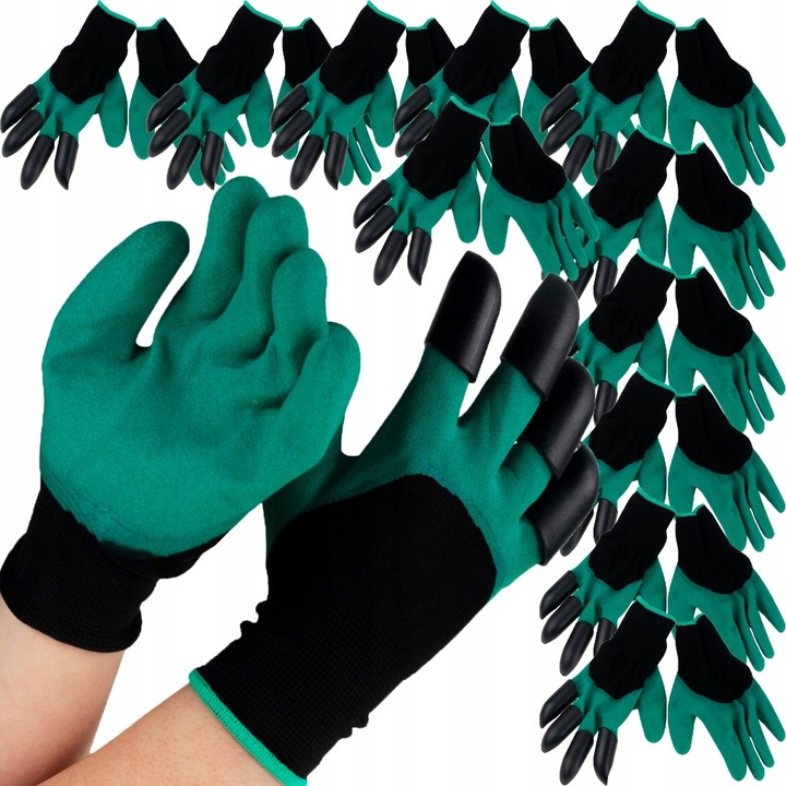 Комплект 12 чифта градински ръкавици с нокти, Martom, зелено-черно, универсален размер