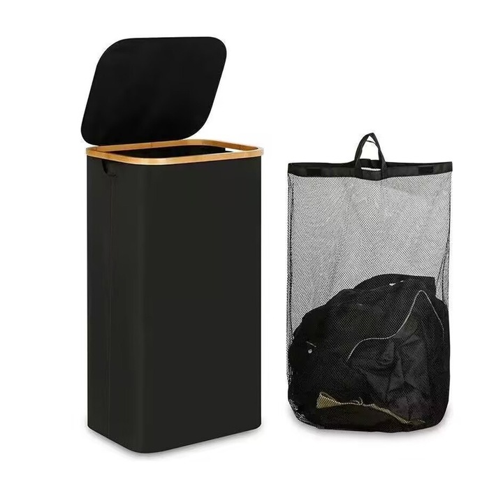 FooFoony Cos de rufe cu capac, maner din bambus si buzunar interior, recipient de sortare dreptunghiular de 100 L, organizator de cosuri de rufe pliabile cu sac interior detasabil pentru haine, jucarii, prosoape, 33x40.5x73cm, Negru