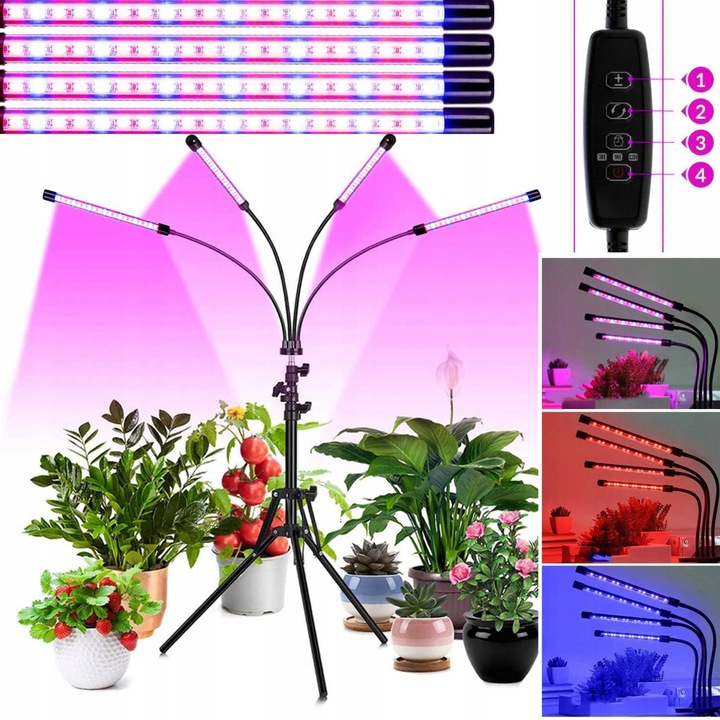 LED lámpa növények növesztéséhez, 4 állítható karral, időzítővel, többszínű, 80xLED, 30x120cm, állvány, USB