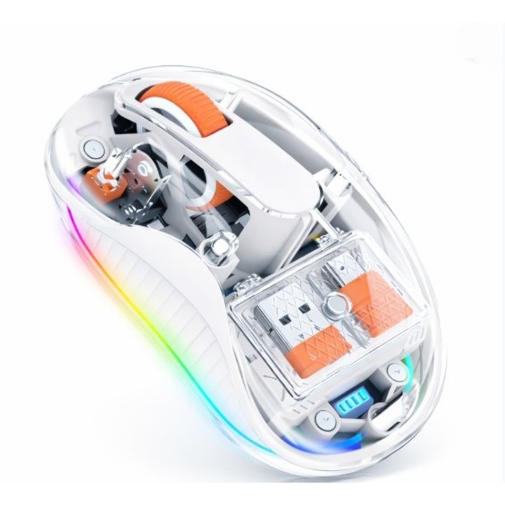 Mouse Wireless, Flippy, Dual Bluetooth, 2.4 GHz, Multi Device, USB-C, 4 Niveluri DPI 800-2400, Reincarcabil, Iluminare LED, Compatibil MacBook/iPad/Laptop 10 x 6 cm, Alb