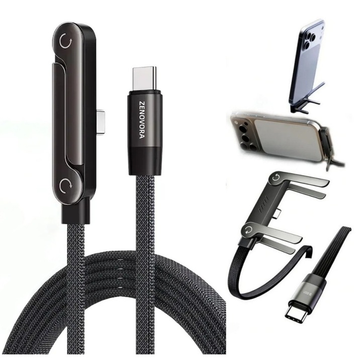 Двоен Type-C 240W Кабел за данни ZENOVORA®, Регулируема стойка за телефон, Супер бързо зареждане PD3.1, За iPhone 17 / Huawei / OPPO / vivo / Xiaomi и др., 1.5м черен