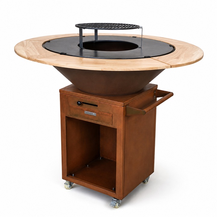 Gratar cu plita mare din corten 2 mm, blat stejar, spatiu lemne, maner si roti pivotante, Ø101xH100 cm, Aurelius