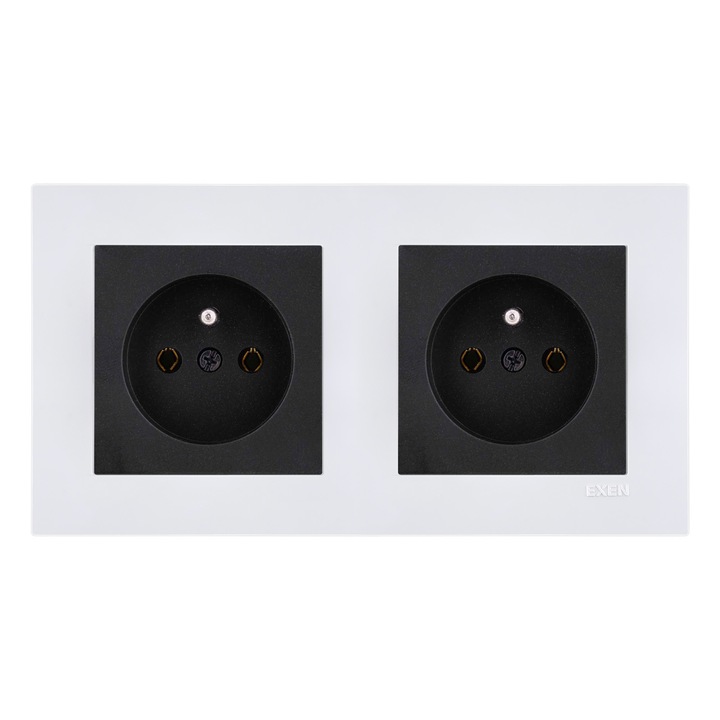 2x priza electrica cu impamantare, negru + cadru dublu KARELL alb EXEN