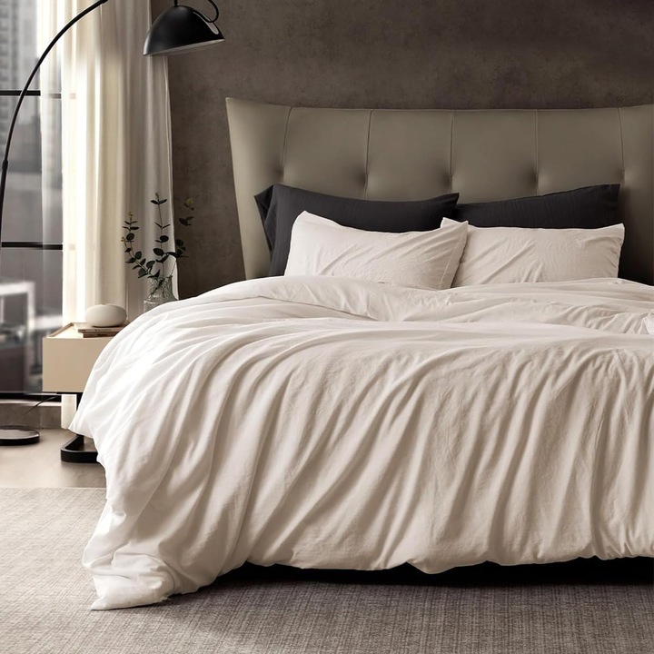 Lanqinglv ágyneműhuzat garnitúra, paplanhuzat 200 x 200 cm, 2 párnahuzat 80 x 80 cm, mikroszálas, cipzárral, bézs színű