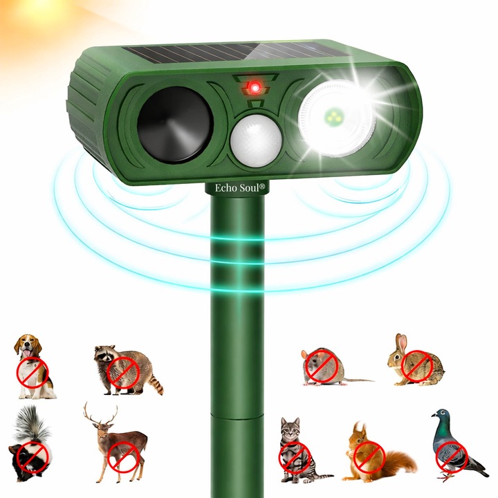 Dispozitiv Ultrasonic Solar Echo Soul® Anti Animale Cu Senzor Miscare 120 LED Intermitent, Rezistent La Apa IP66, Unghi 110°, Distanta 10m, Protectie Ecologica Impotriva Pisici Caini Si Rozatoare, Pentru Gradina, Livada, Curte, Ferma, 14.5cm x 40c