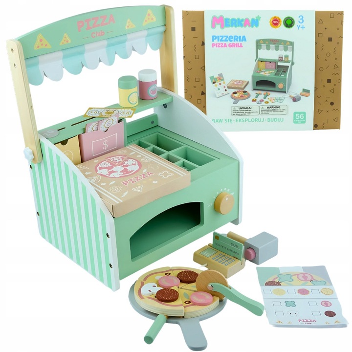 Set Pizzeria Merkan, jucarie din lemn, multicolor, 34,4x24x40 cm, pentru copii 3 ani+