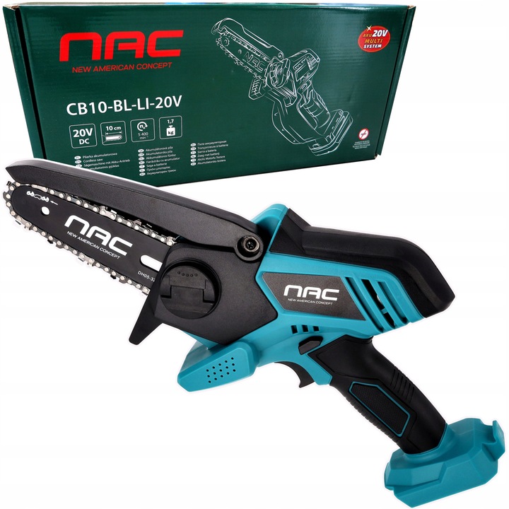 Láncfűrész NAC 20V CB10-BL-LI-20V, 10cm, 5400rpm, 8cm vágási átmérő, akkumulátor és töltő nélküli készlet