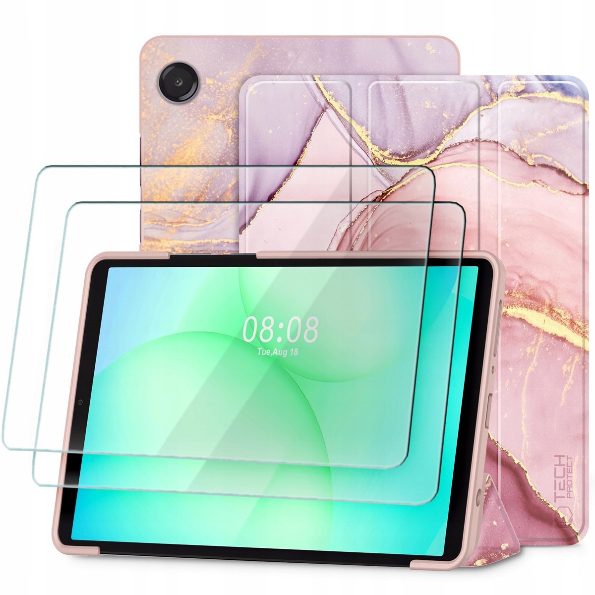 Set etui SmartCase Marble si 2-pack sticla Tech-Protect Glass Fit+ pentru Galaxy Tab A9/A11 8.7"