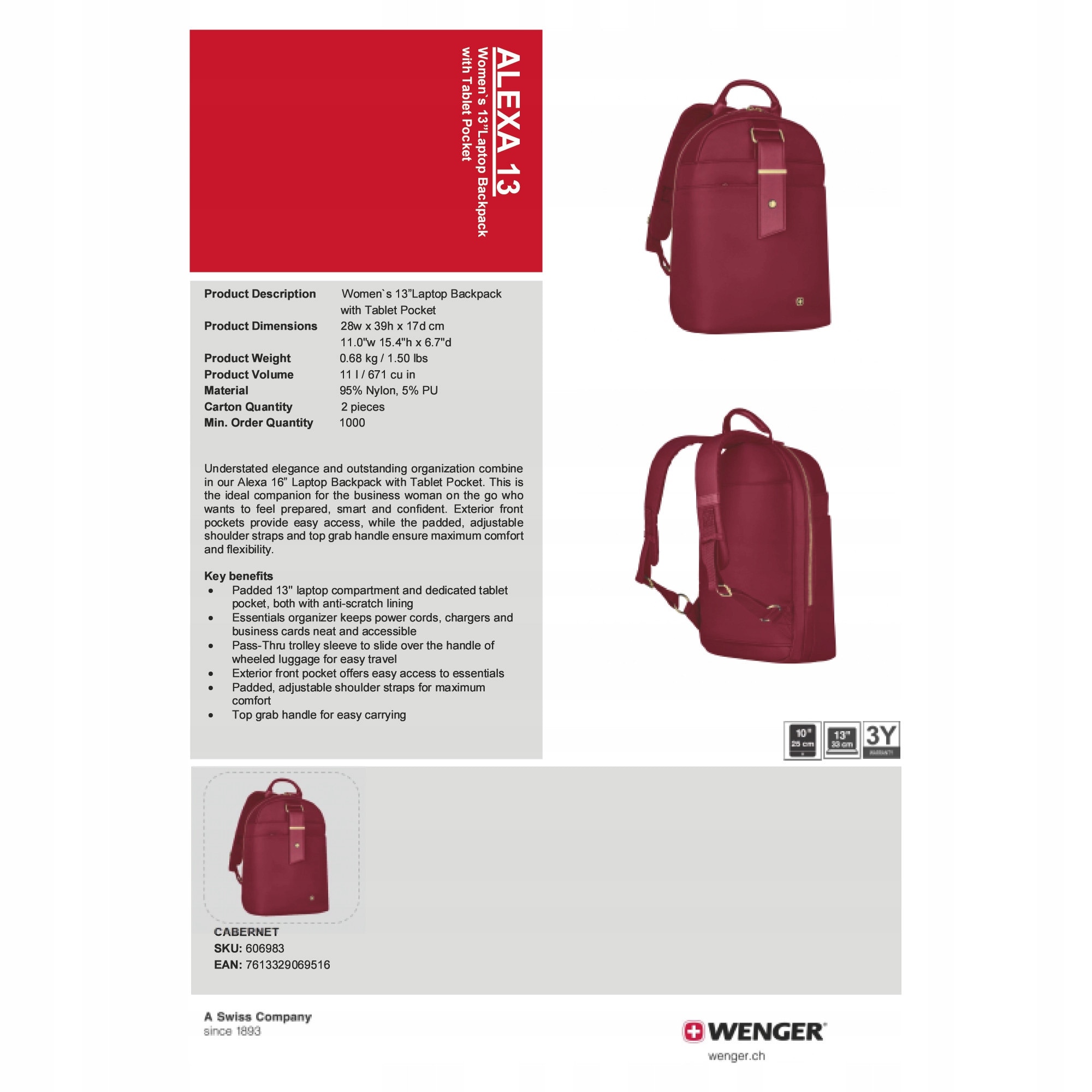 Rucsac pentru laptop 13", Wenger, Alexa, bordou, 17x28x39cm, 11l
