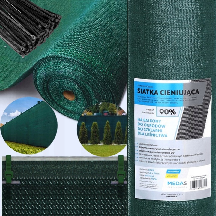 Siatca de umbrire HDPE 1,2x10m, 90% UV, verde, set cu opase de montaj