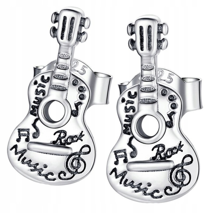 Cercei dama din argint 925, Trusky, forma de chitara, 13x6,4mm, cu inscriptii "rock" si "music"