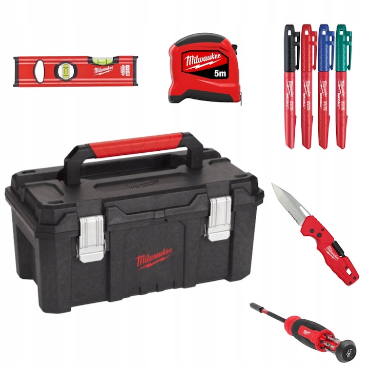 Set scule Milwaukee 6 in 1, valiza, nivela 20 cm, masura 5m, 4 markere, cutit pliabil, surubelnita 14 in 1