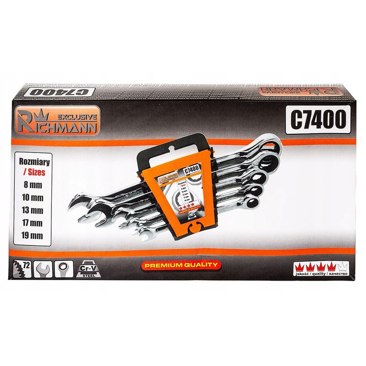 Set 5 chei plasko-oczkowe cu grzechotka Richmann 8-19mm, crom-vanadiu, 72 zuby, 225x125mm