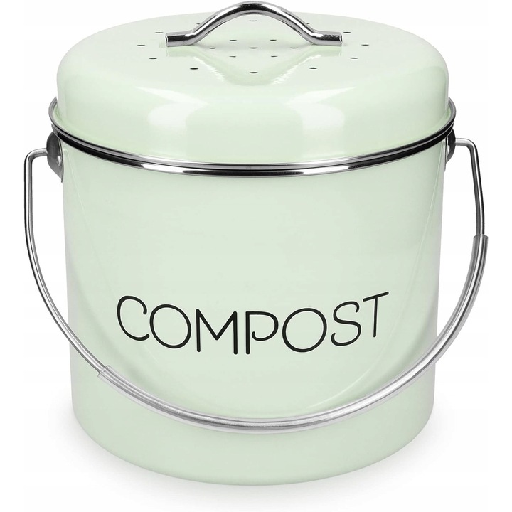 Cos de compost 5L, organic, design clasic, cu filtre, verde menta, inox