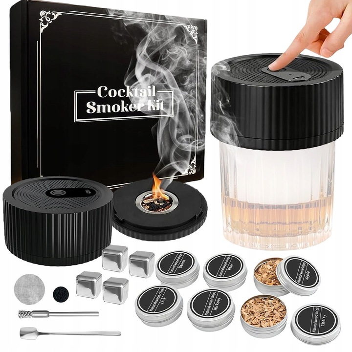 Set fumator electric pentru whisky, barman, 2 accesorii, negru